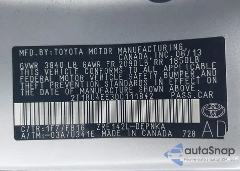 2013 Toyota Corolla Le from USA, damaged, VIN 2T1BU4EE3DC111842